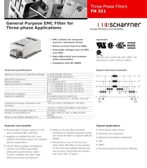 SCHAFFNER   FN351-110-35    3-phase filters  440VAC  110A - Tuotekuva