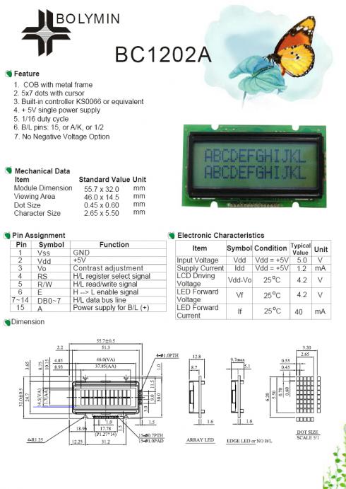  LCD MODULE BC1202A 12 X 2 CHARACTER  taustavalolla CONTRAST Adjustment - Tuotekuva